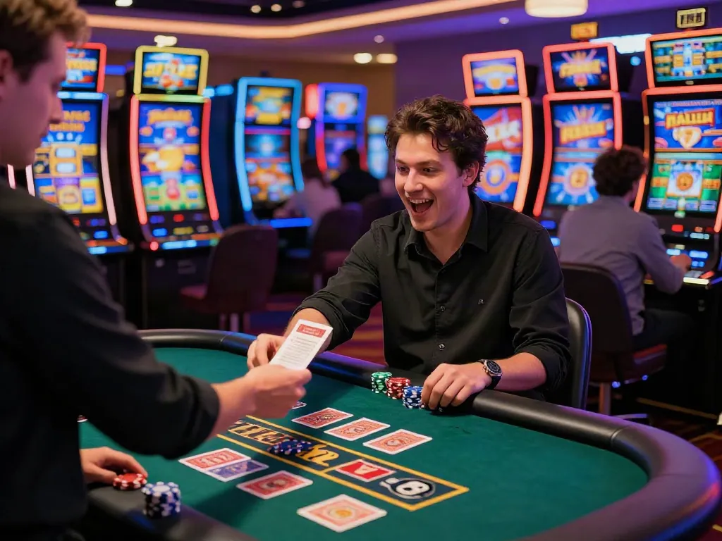 Casino Bonus ohne Einzahlung - Spieler gewinnt am Tisch im Casino.
