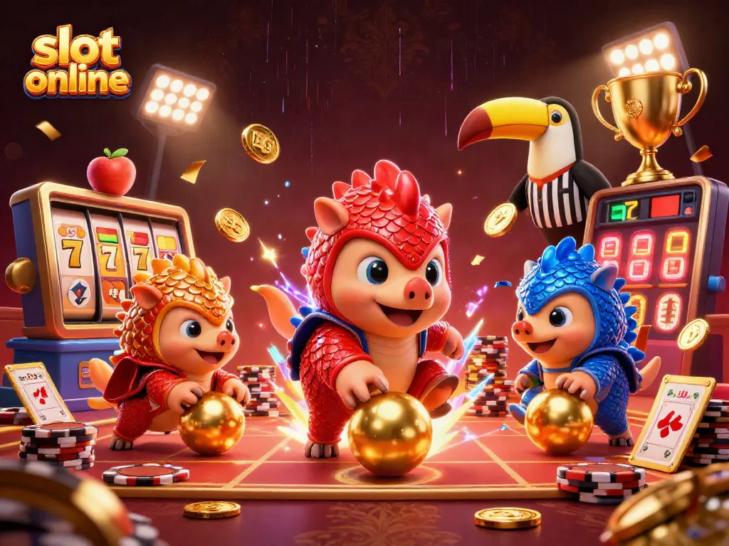Competing pangolins battle in dynamic slot online scene filled with gold and excitement.