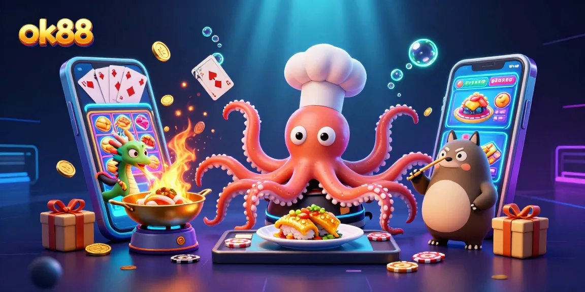 Spin winning slots at ok88 with a vibrant 3D illustration featuring an octopus chef and casino game elements.
