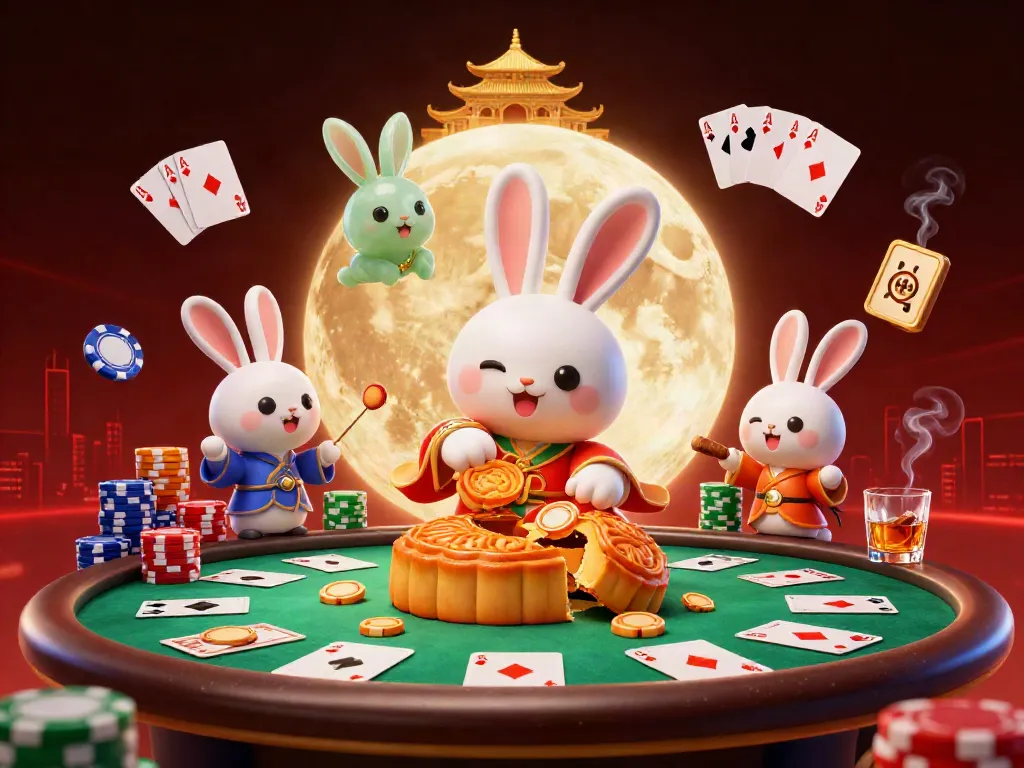 Experience the excitement of new sports betting sites uk with a lively 3D scene showcasing a moon rabbit and poker elements.