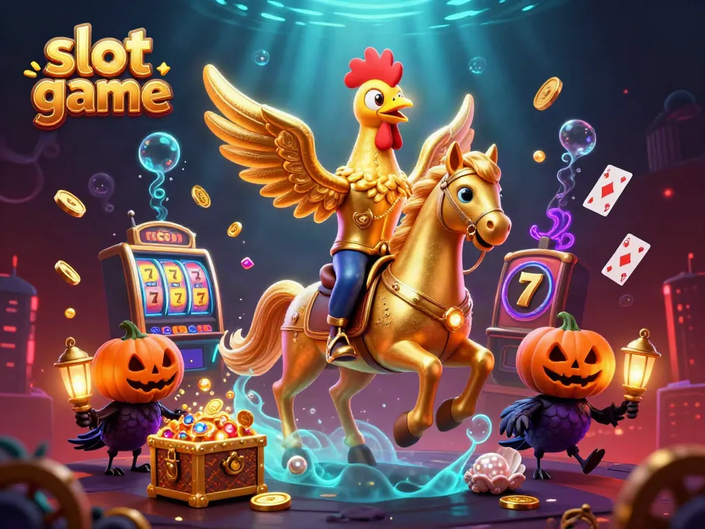 Permainan slot menampilkan ayam jantan emas yang membawa kepalanya sambil menunggang kuda spectral di kasino malam hari.