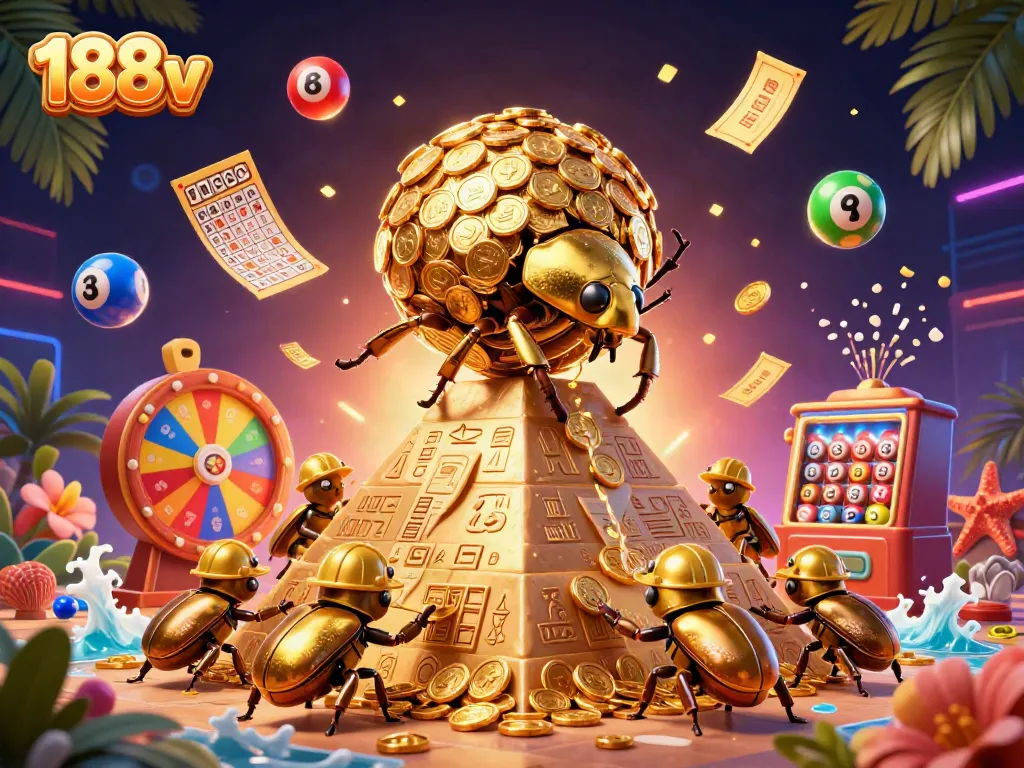 Experience the thrill of 188v with dynamic lottery and casino elements featuring golden beetles and vibrant symbols.