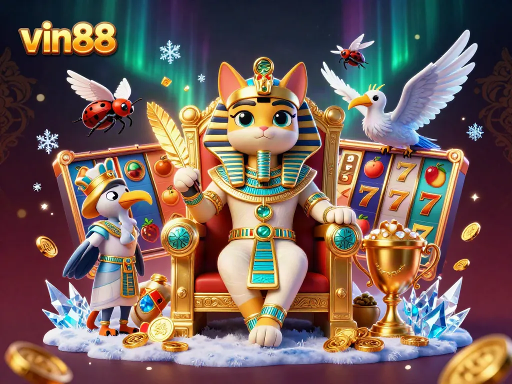 vin88 slots jackpot features a 3D pharaoh cat, ibis scribe, and vibrant game elements.