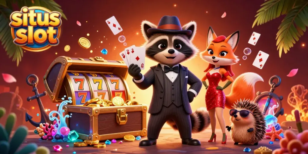 Ilustrasi 3D menunjukkan situs slot, dengan rakun, rubah, dan landak, dikelilingi oleh koin emas dan elemen permainan.