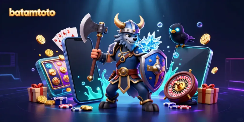 Engaging batamtoto scene with a Viking wolf warrior, dragon, and glowing raven amidst casino elements, showcasing vibrant gaming elements