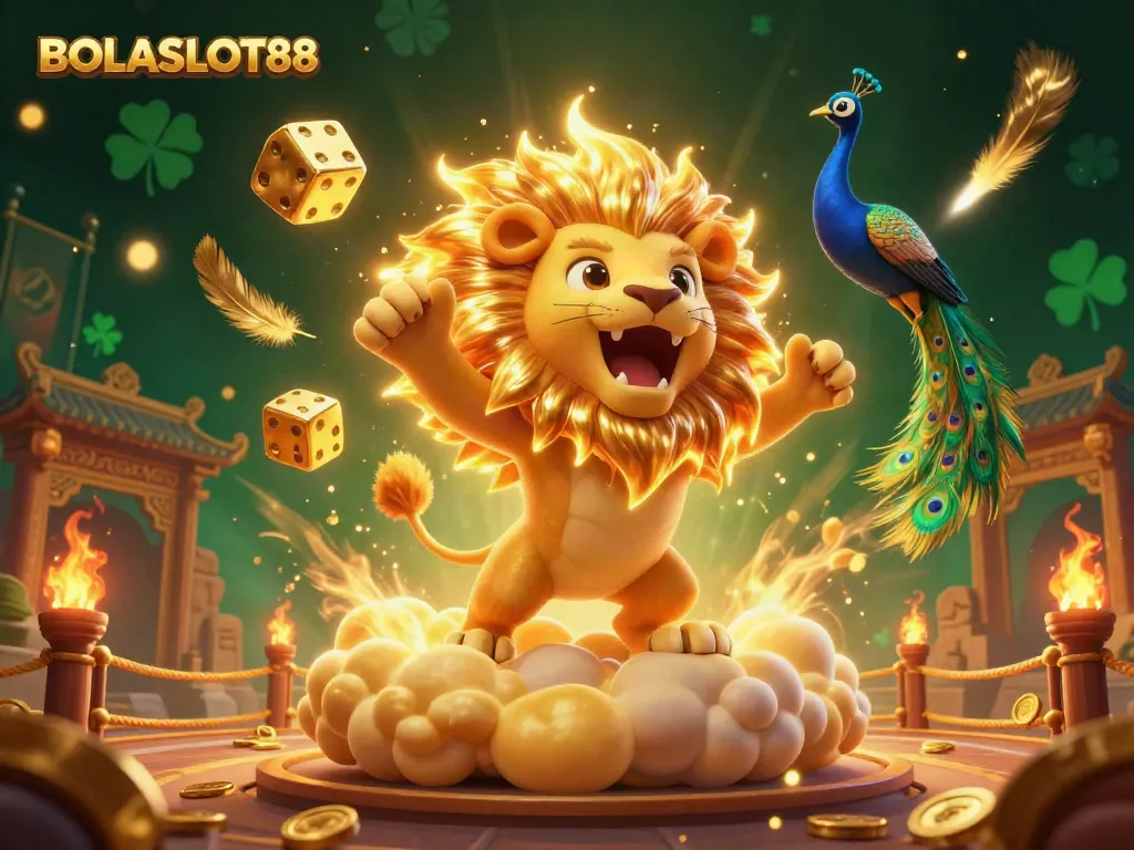 BOLASLOT88 showcases a dynamic 3D illustration featuring a roaring lion and golden dice in a vibrant gambling scene.