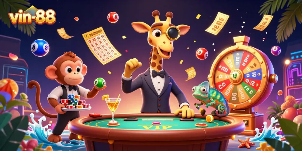 Experience the excitement of vin-88 with a vibrant 3D illustration of animated characters and dynamic casino elements.