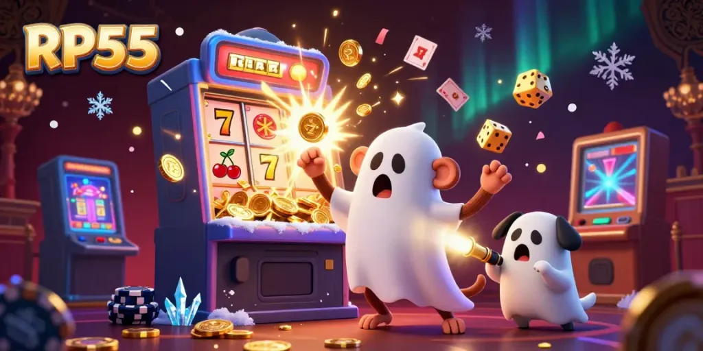 Experience the excitement of RP55 with a glowing casino scene featuring a playful poltergeist monkey and curious puppy.