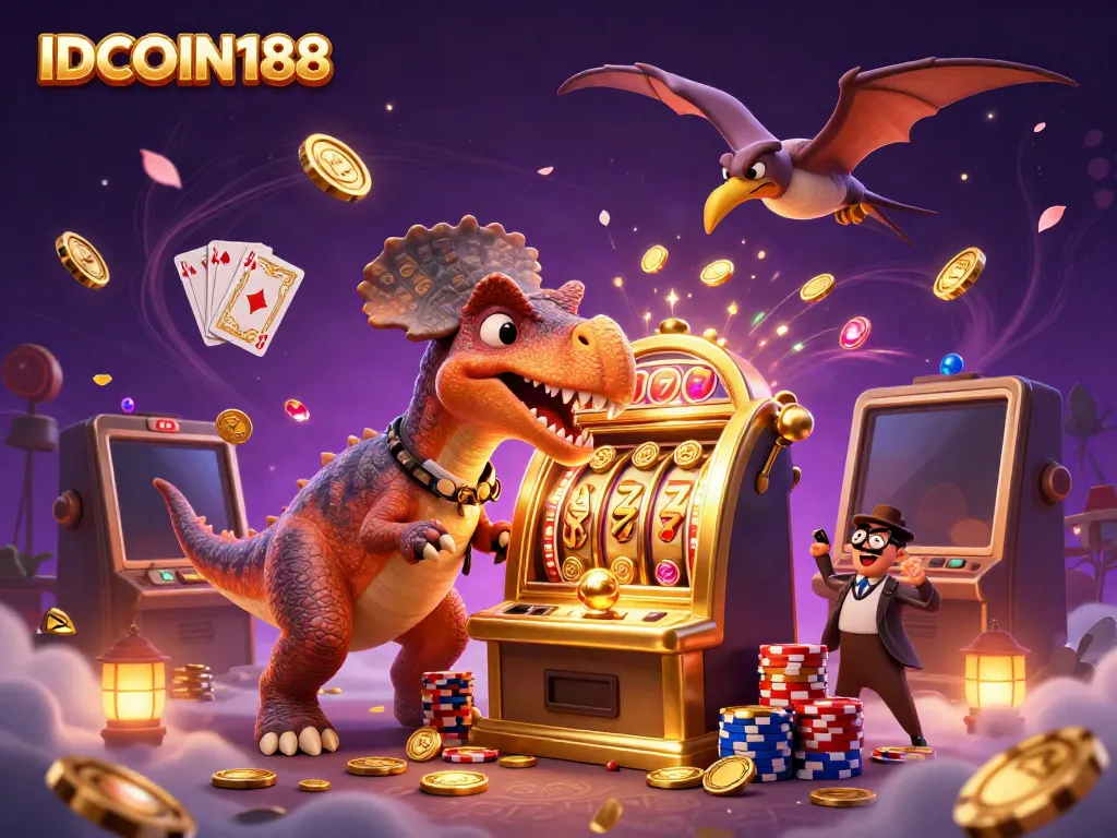 IDCOIN188 features a pachycephalosaurus winning jackpots, surrounded by flying coins and casino elements