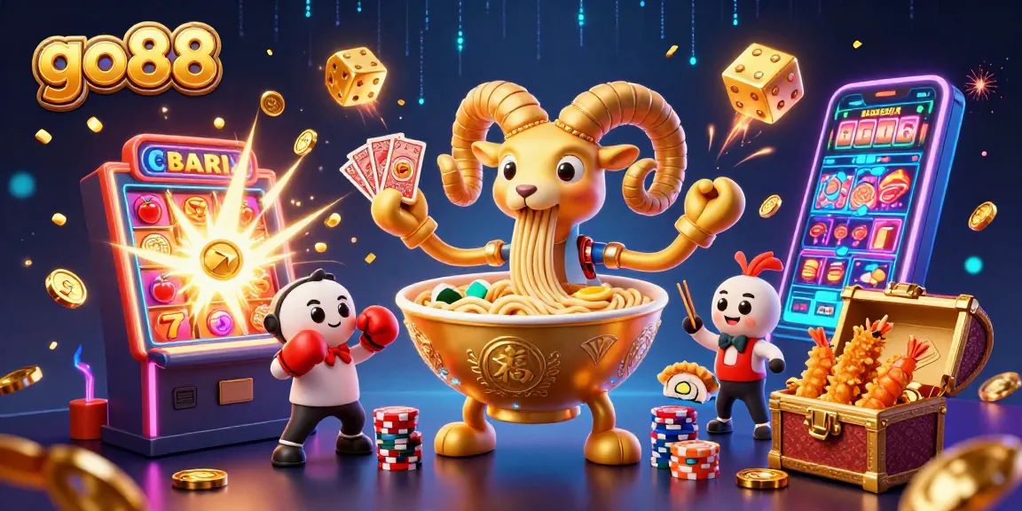 Experience excitement with go88 as giant ramen bowl dealers stack chips amid vibrant casino chaos.