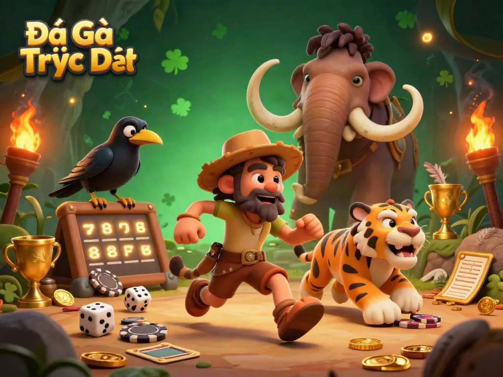 Engage in Đá Gà Trực Tiếp with this lively scene of a caveman and sabertooth at a stone casino.
