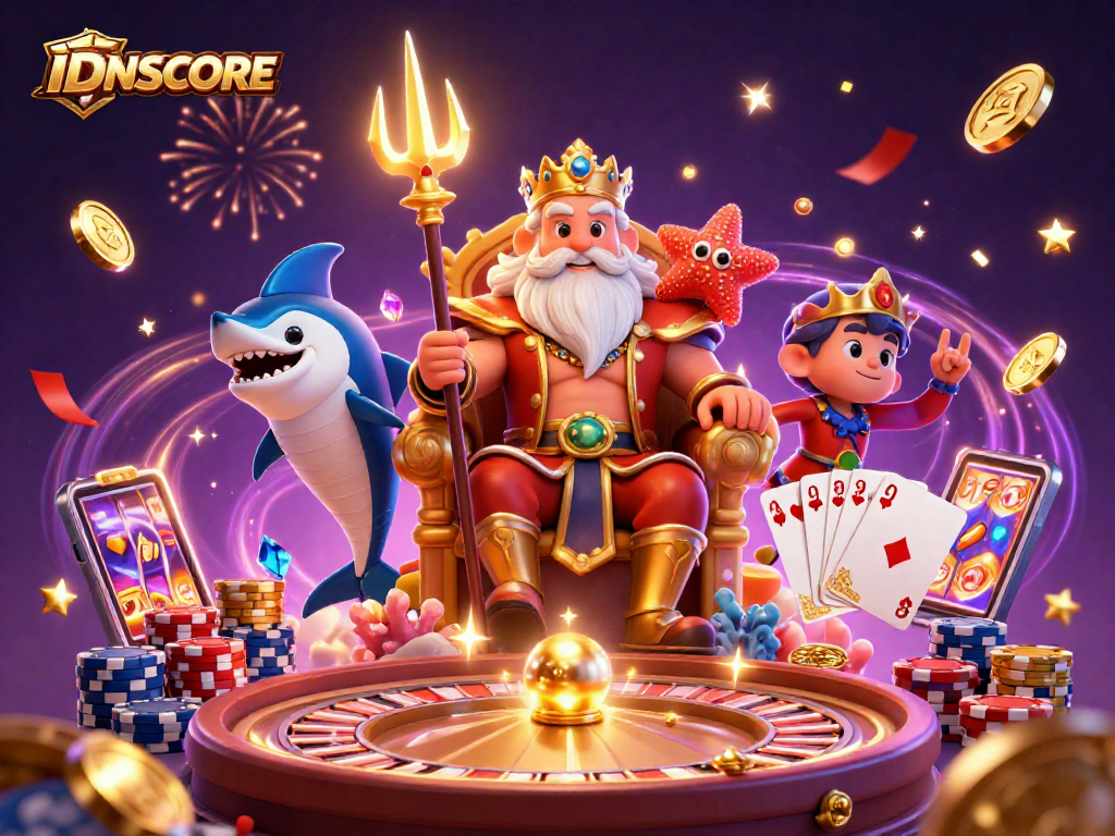 Experience thrilling wins with IDNSCORE's dynamic gaming scene featuring vibrant characters and casino elements.
