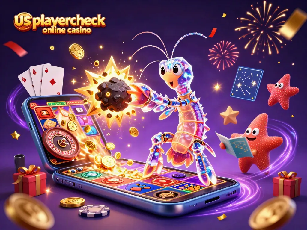 A vibrant scene depicting the usplayercheck online casino with characters enjoying winning moments surrounded by slot machines, playing cards, and festive decorations.