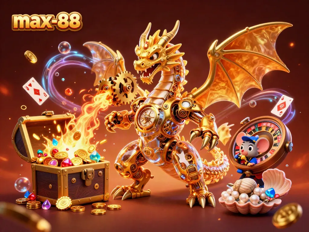 Join the thrilling adventure at max-88, featuring a golden dragon, treasure, and dynamic casino elements.
