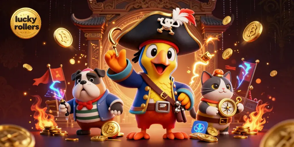 Exciting scene depicting lucky rollers with a pirate captain, bulldog, and cat amid dynamic gaming elements.