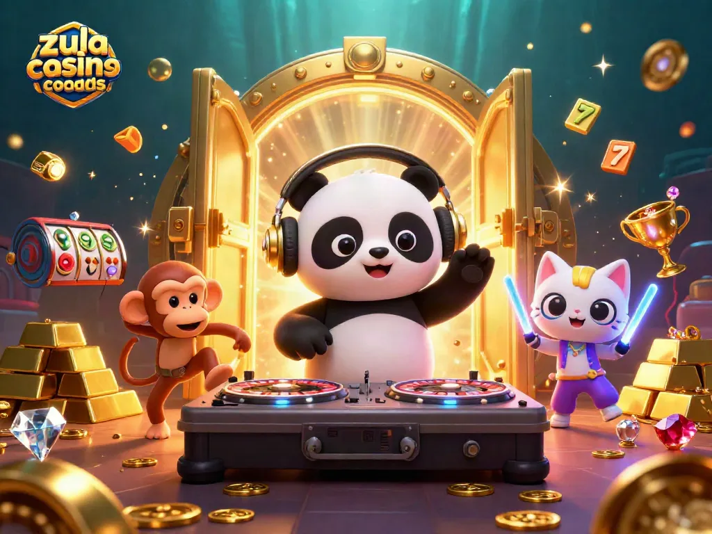 Zula casino bonus codes illustrated with a DJ panda and friends celebrating with casino elements in a vibrant scene.