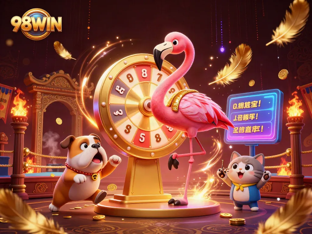 Spin to win with 98WIN in an exciting, vibrant casino scene showcasing prizes and action.