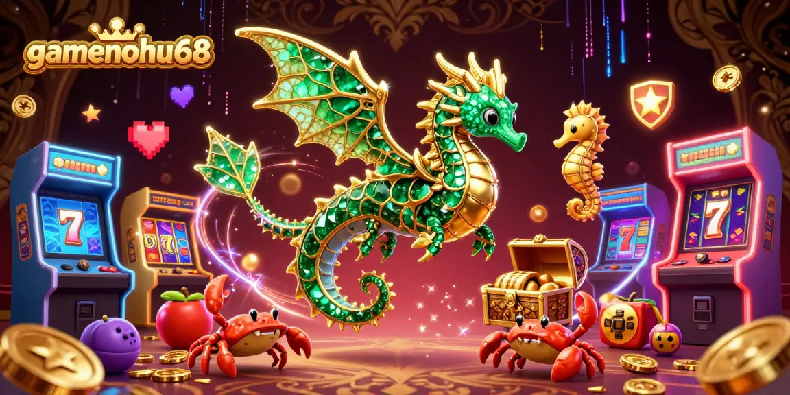 Engage with gamenohu68 in a vibrant 3D casino scene featuring a majestic sea dragon amidst slot reels and gaming elements.