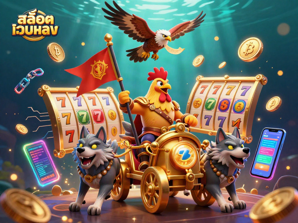 Celebrate winnings at the สล็อตเว็บตรง casino with vibrant slot reels spinning and golden coins flowing.