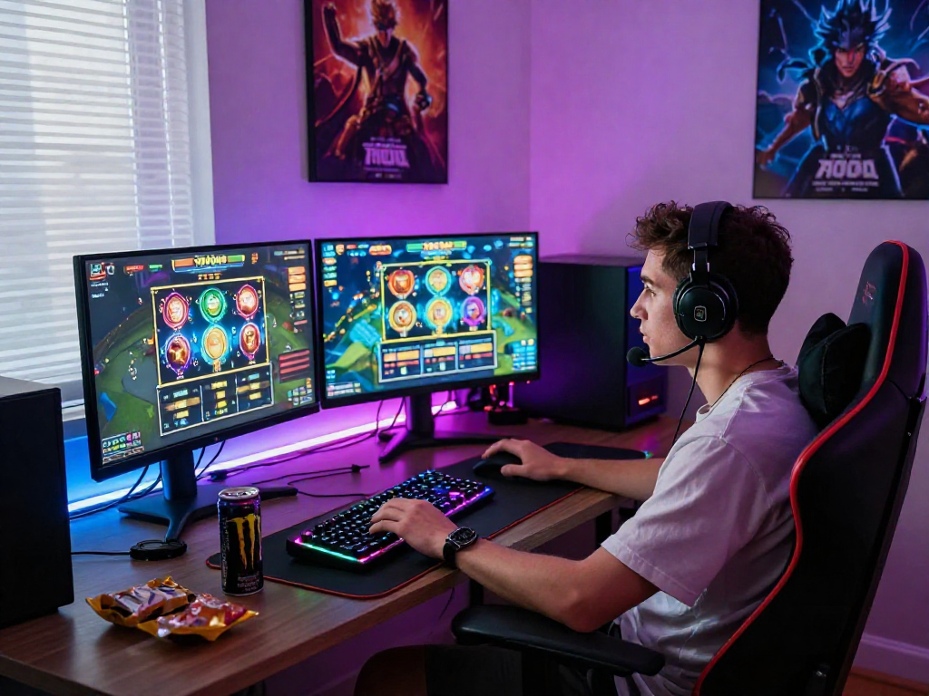 Pengalaman bermain game slot7000 di ruangan modern dengan gamer menggunakan headset dan monitor ganda.