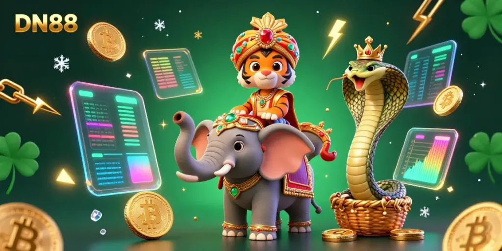 Experience the excitement of DN88 with vibrant casino characters, Bitcoin coins, and a jewel-encrusted elephant.