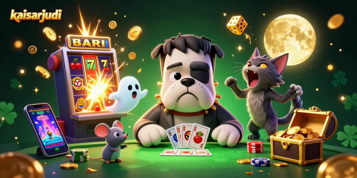 Playing cards are dealt by a kaisarjudi bulldog at a spooky table surrounded by coins and celebration.