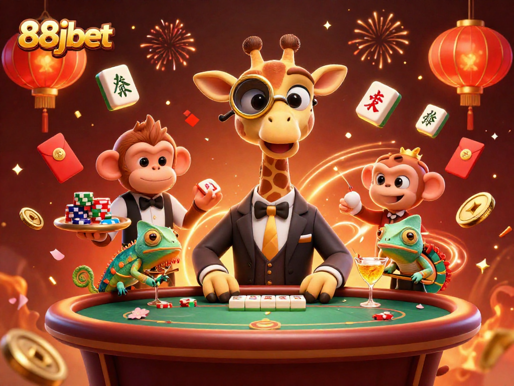Experience gaming excitement with 88jbet featuring a giraffe at a luxurious poker table.