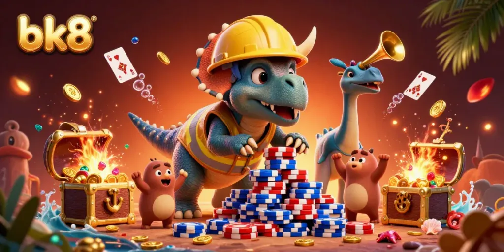 Engage with bk8 as dinosaurs celebrate gaming triumphs in a vibrant casino atmosphere.