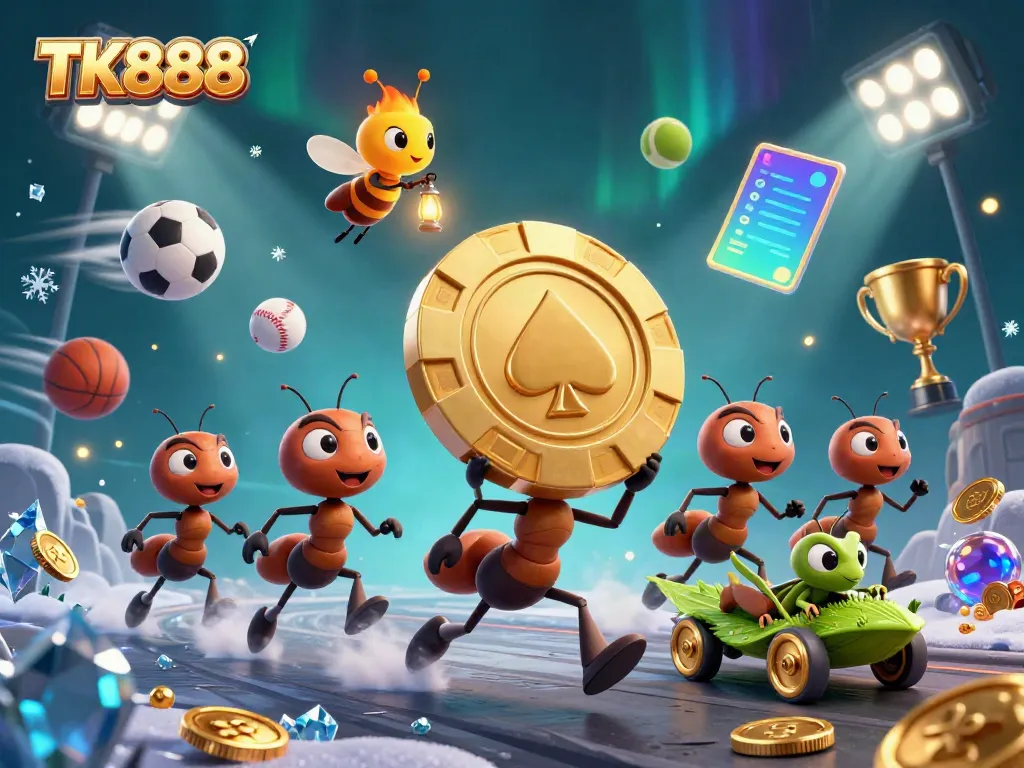 TK888 ants heist in a dynamic casino scene with sports elements and a glowing trophy.