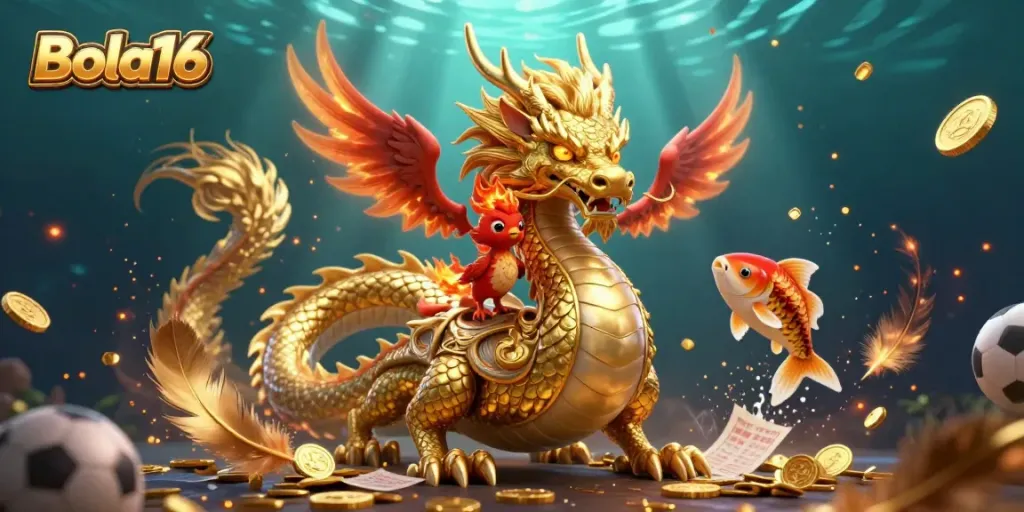 Experience the thrill of gambling with Bola16's vivid illustration featuring a dragon and phoenix.