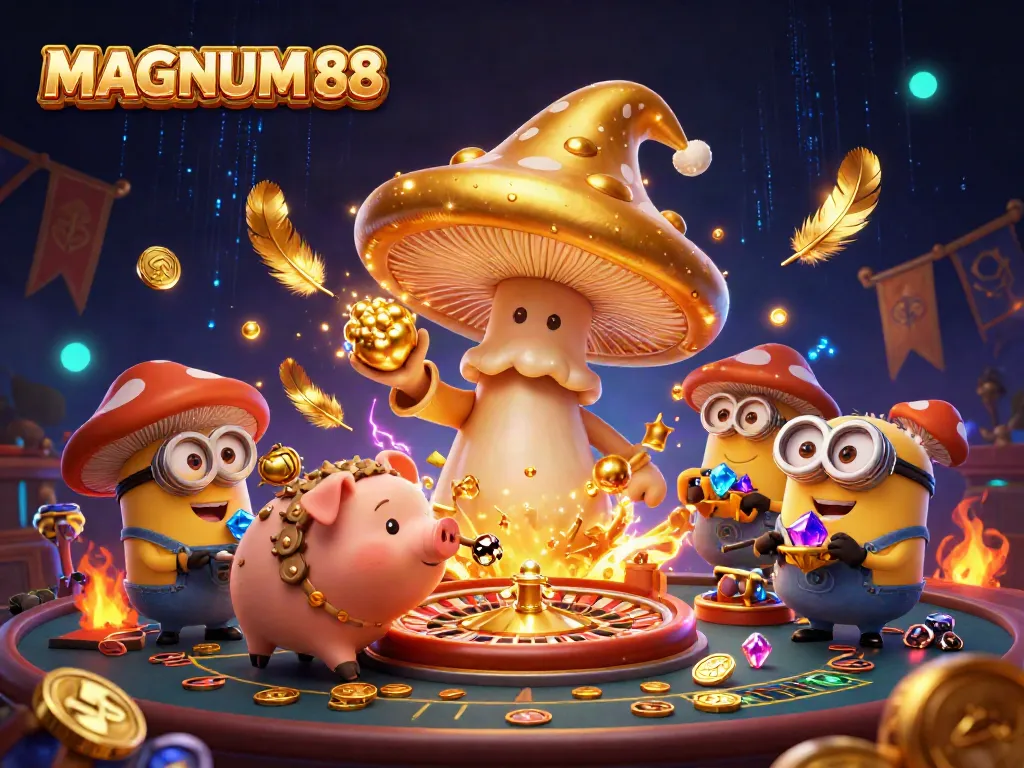 Watch the MAGNUM188 golden mushroom wizard conjure riches in a vibrant casino scene.