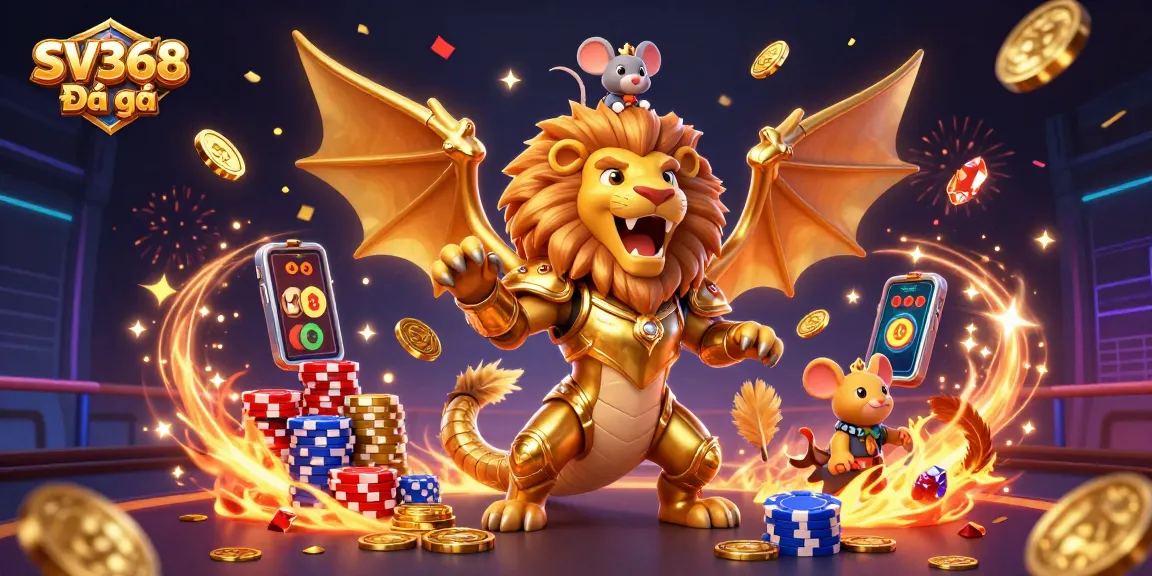 Savor the excitement of SV368 Đá gà in a dynamic 3D cockfighting illustration showcasing golden elements and lively action.