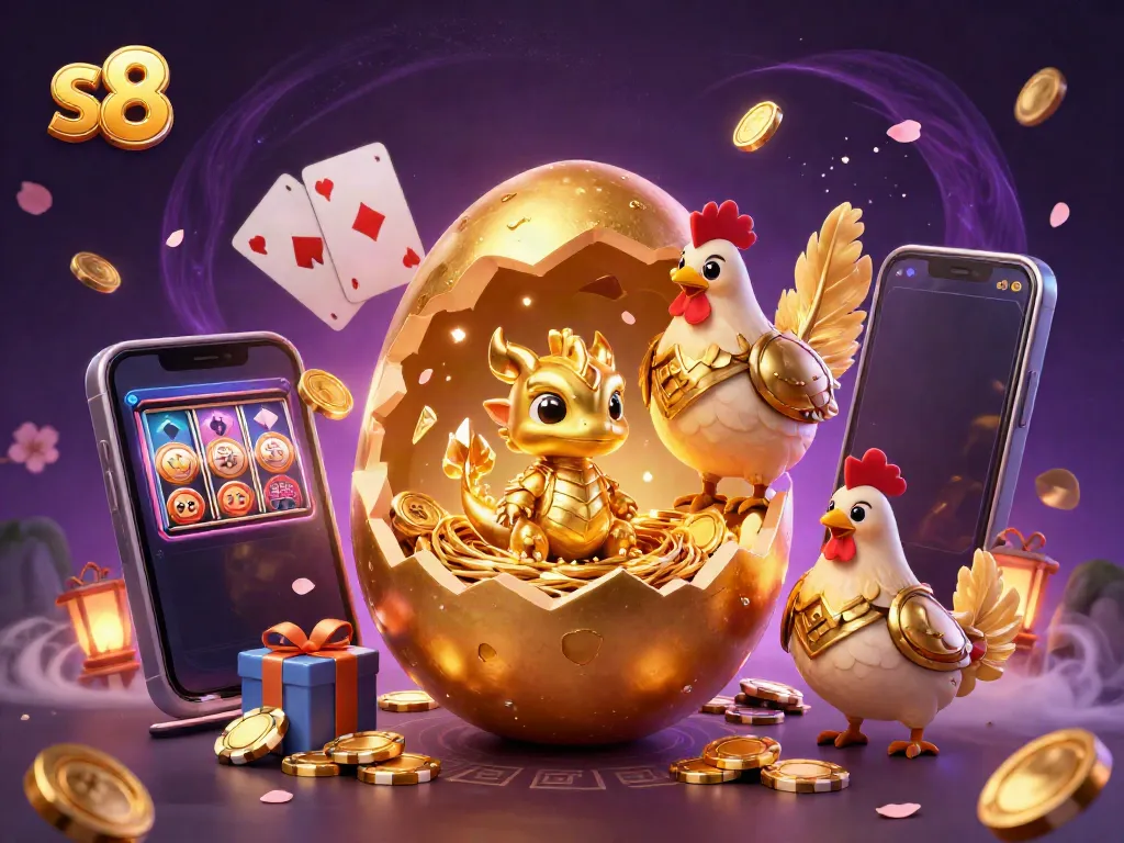 Play at s8 and win big with golden dragon and poker chips in a vibrant casino scene.