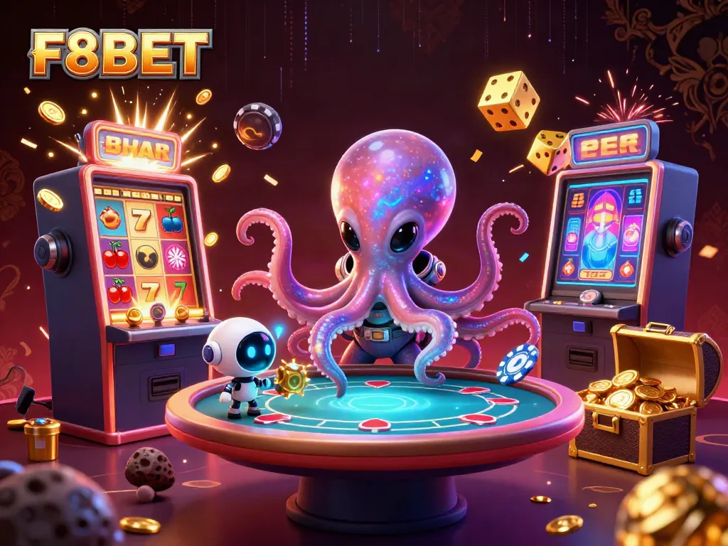 F8BET casino fun with alien octopus and robot at a holographic poker table surrounded by exciting gaming elements.