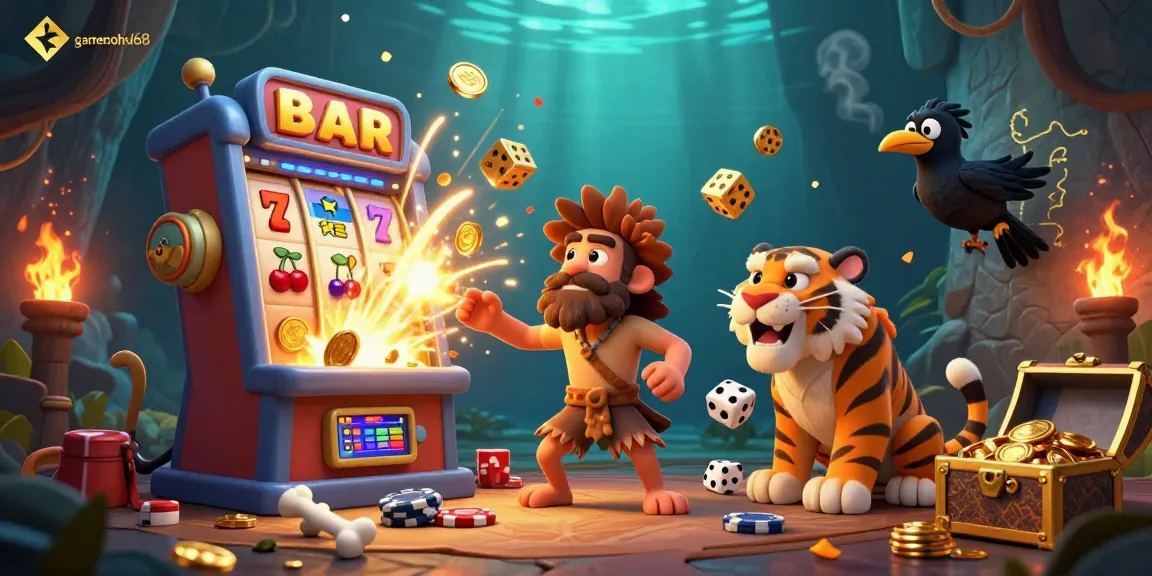 Win big with gamenohu68 as caveman and tiger celebrate at a prehistoric casino.