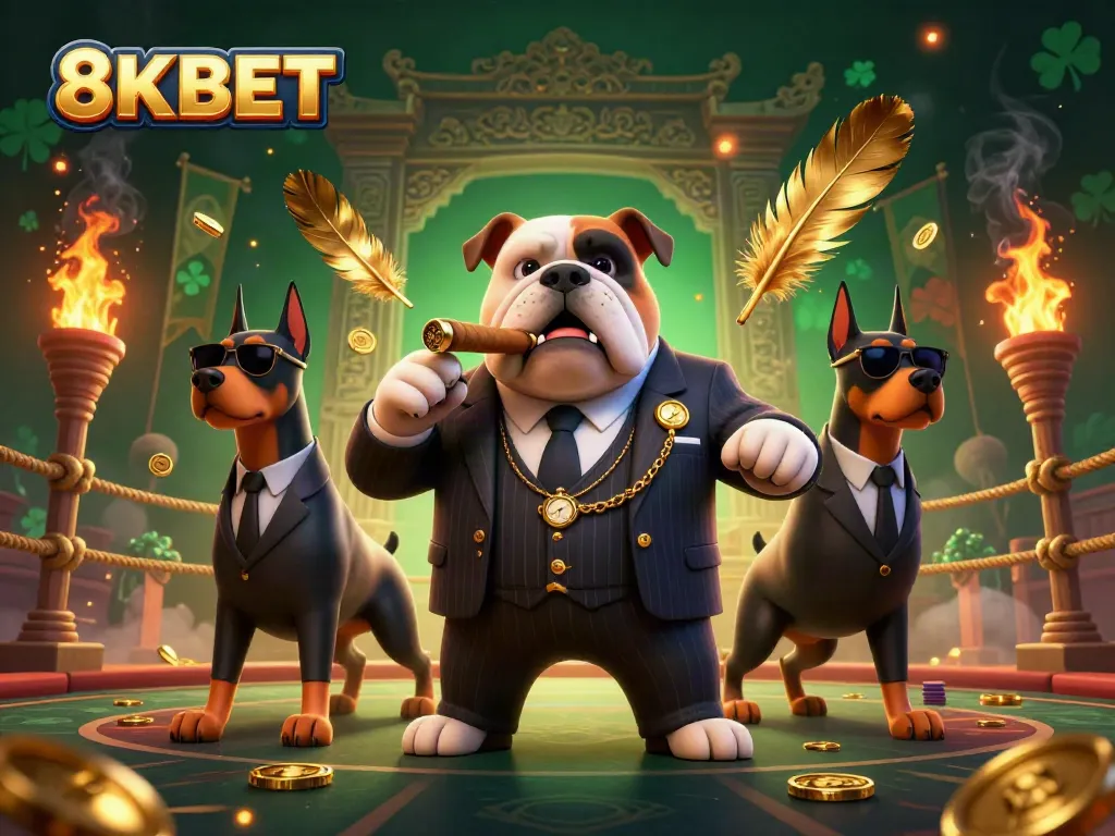Experience thrilling gameplay at 8KBET with an exciting portrayal of a mafia boss and bodyguards amidst an energetic casino scene.