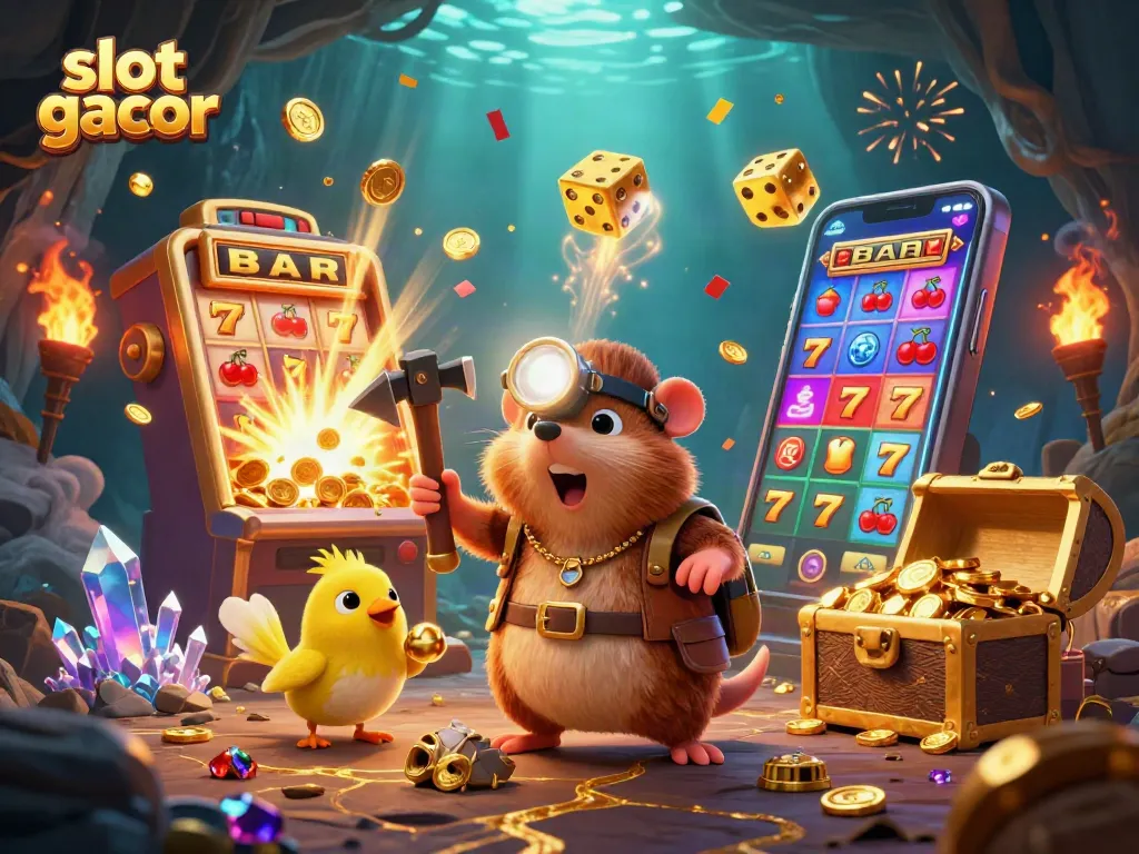 Menangkan permainan slot gacor dengan karakter penambang dan mesin slot yang penuh koin emas.
