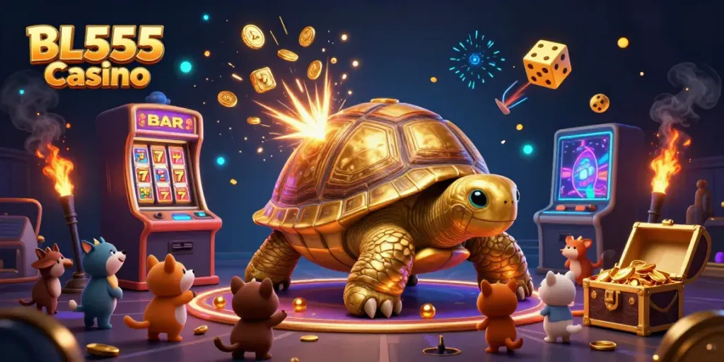 Play exciting games at BL555 Casino with a golden tortoise pinball and jackpot slots bursting with coins.