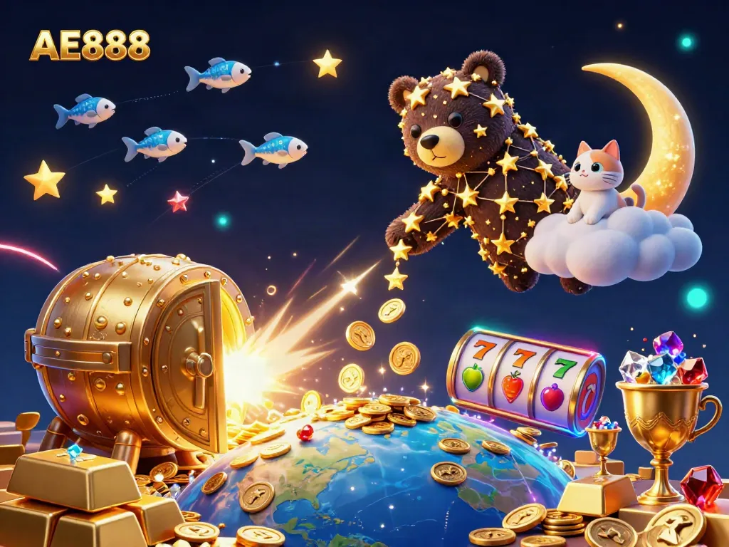 Engage in exciting gaming with AE888, featuring a bear in a magical casino world filled with gold coins and slot symbols.