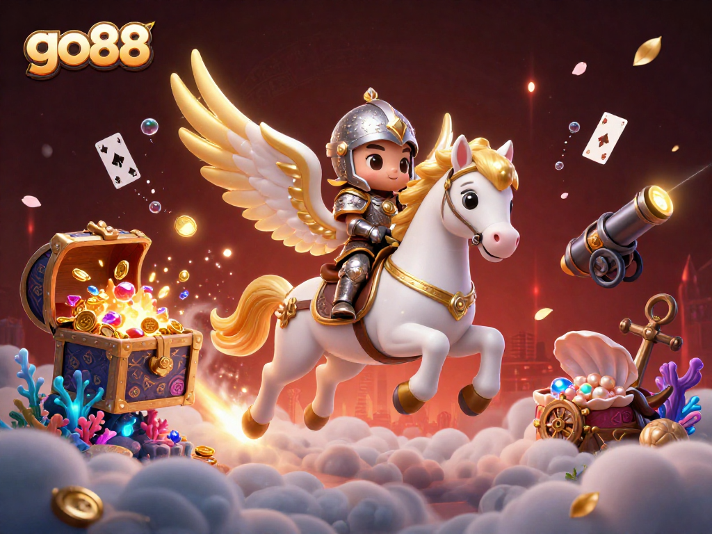 Experience go88’s vibrant casino adventure with a celestial horse, knight, and floating treasures.