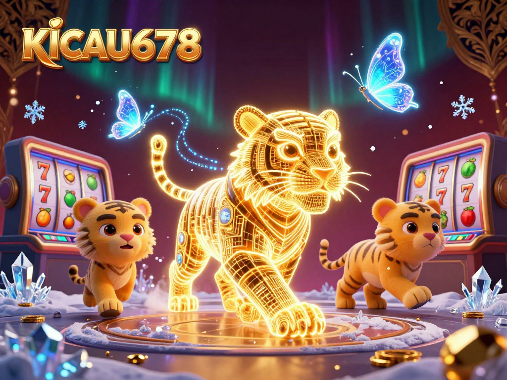 KICAU678's immersive gaming experience features a neon tiger amidst digital slot reels and rich casino elements.