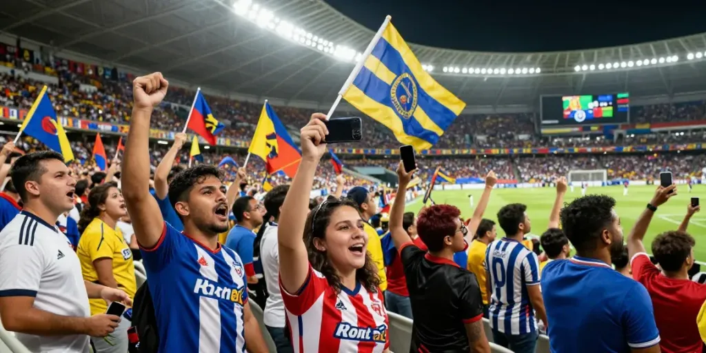 Football fans cheering live at a match, capturing the excitement with https://rbtv.io/ on their smartphones.