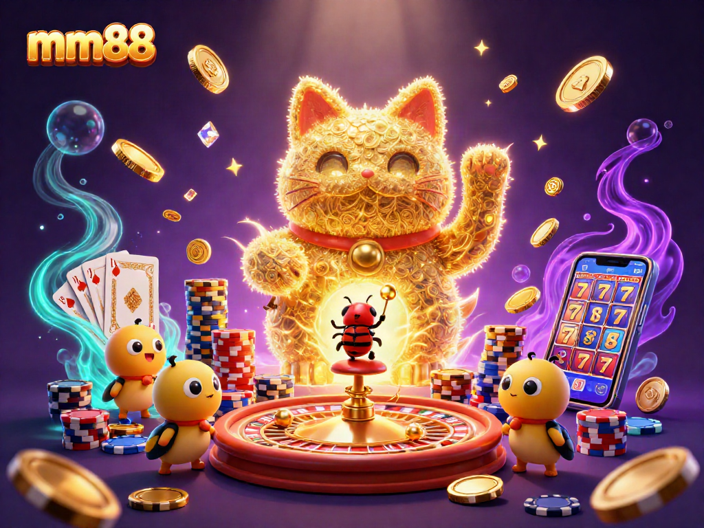 Play and win with mm88's vibrant casino scene featuring a lucky cat and dynamic gaming elements.