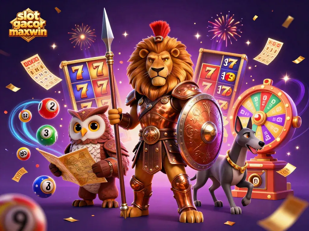 Ignite your luck with slot gacor maxwin, featuring a heroic lion, tactical owl, and greyhound amid vibrant casino action.