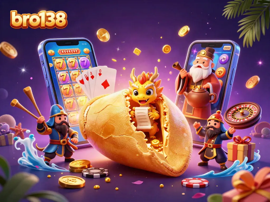 Experience the thrill of bro138 with a dynamic 3D illustration showcasing slot games, golden fortunes, and exciting gameplay.