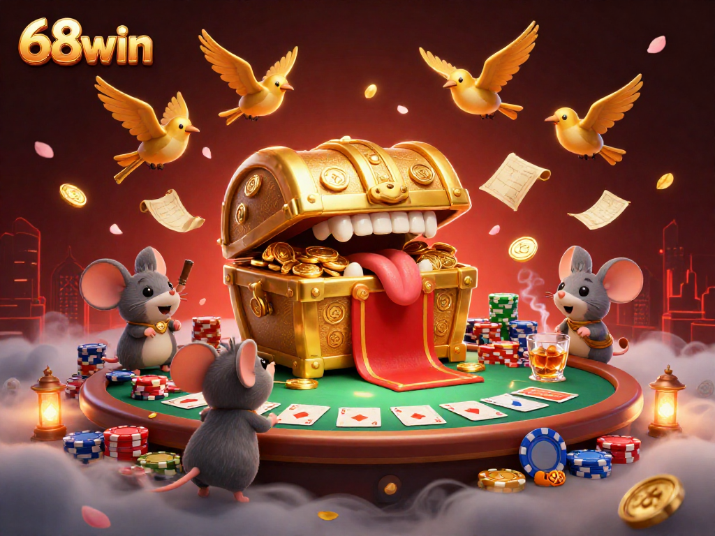 Experience thrills at 68win with treasure chests, vibrant poker chips, and dynamic casino action.