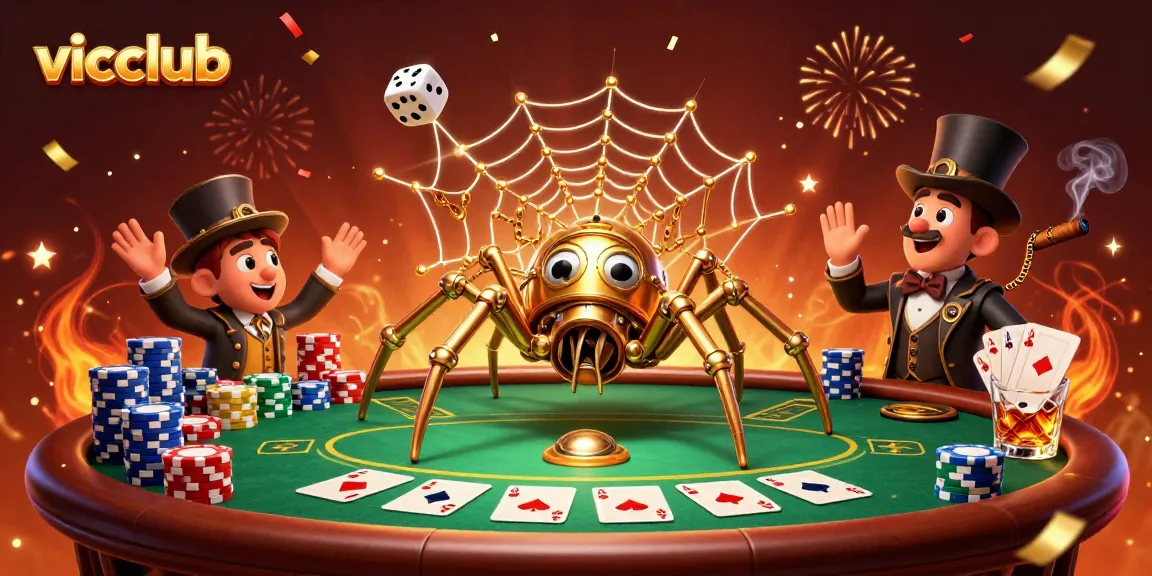 Engage with vicclub's thrilling casino scene featuring a steampunk spider and poker elements.
