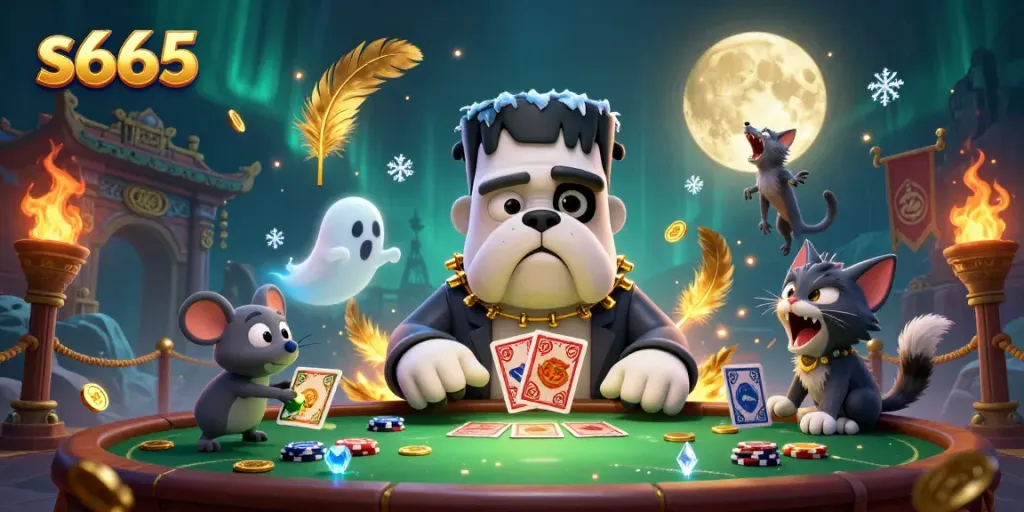 Experience thrilling gameplay at s666 with a spooky Frankenstein bulldog dealing cards amidst golden bravado.