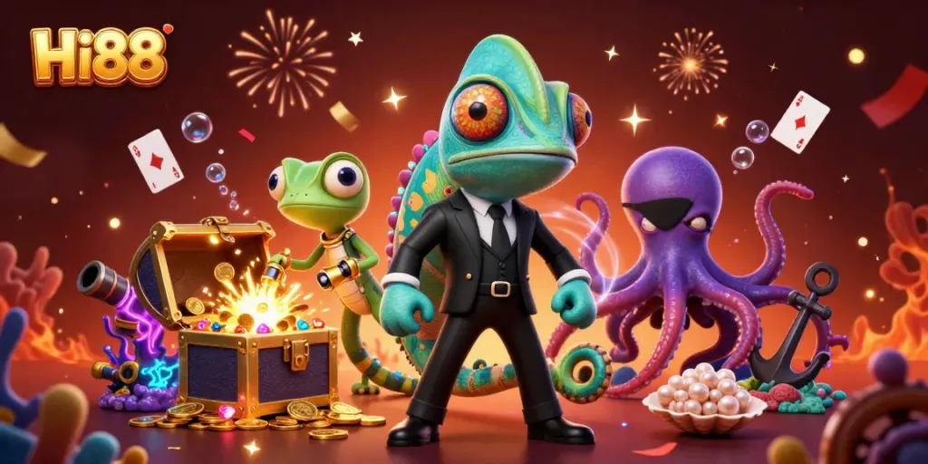 Engage with Hi88's dynamic underwater gaming adventure featuring exciting characters and vibrant casino elements.