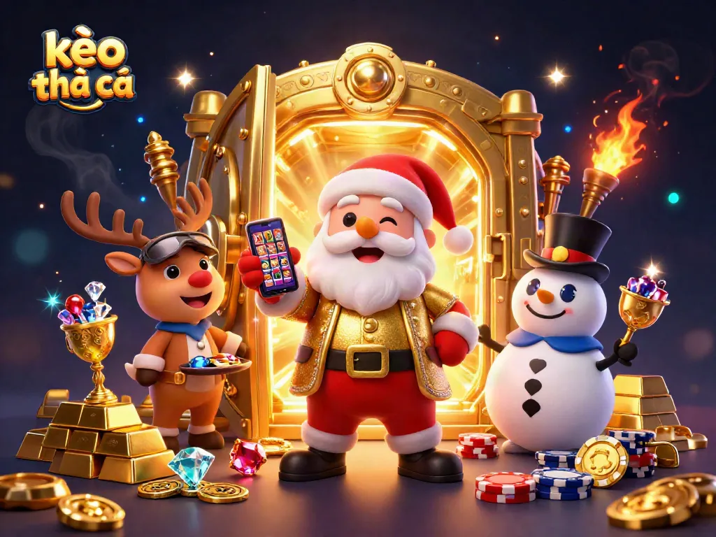 Experience kèo nhà cái excitement with Santa, his reindeer, and snowman in a dynamic casino scene.